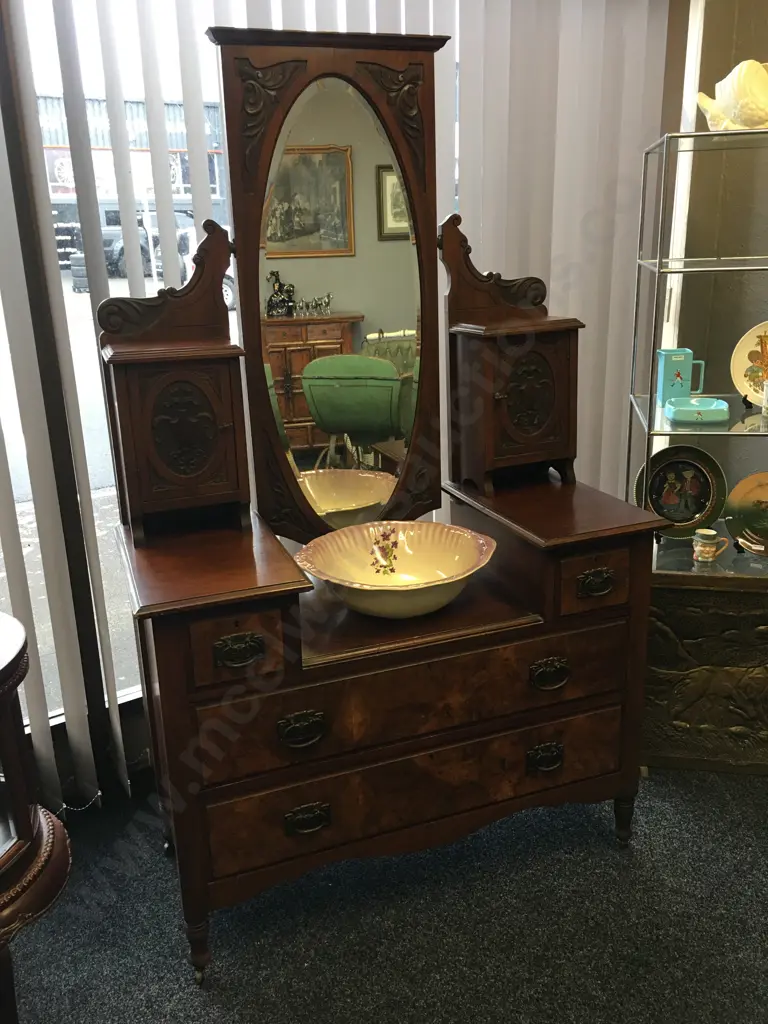 Edwardian Walnut & Burr Walnut Dressing Table, Carved, Bevelled Oval Mirror, Original Handles & Castors, H176 W107 D49cm Image 1++